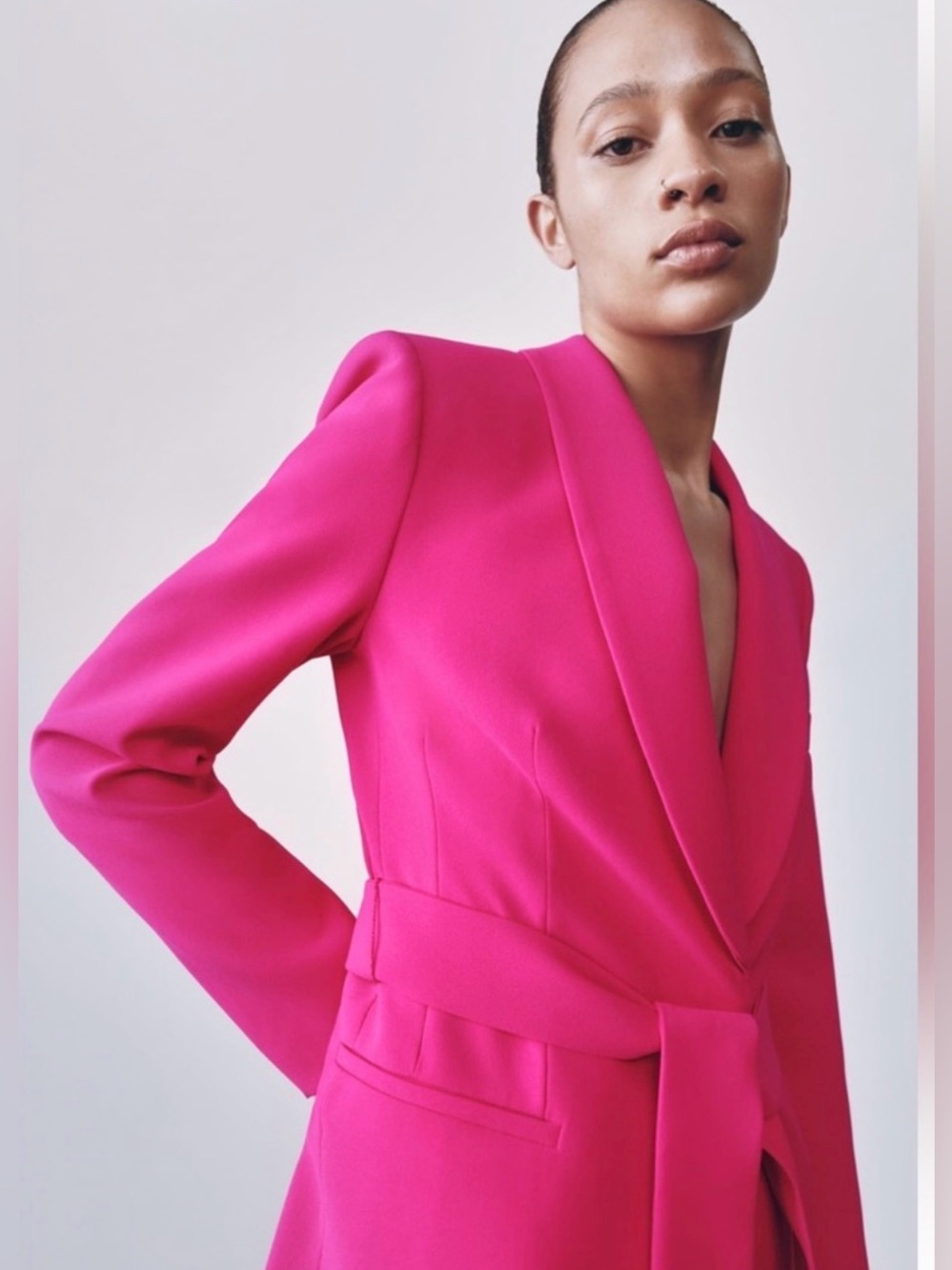Zara Bright Pink Belted Shawl Collar Blazer SZ L tie belt tuxedo collar NWOT - Picture 4 of 5